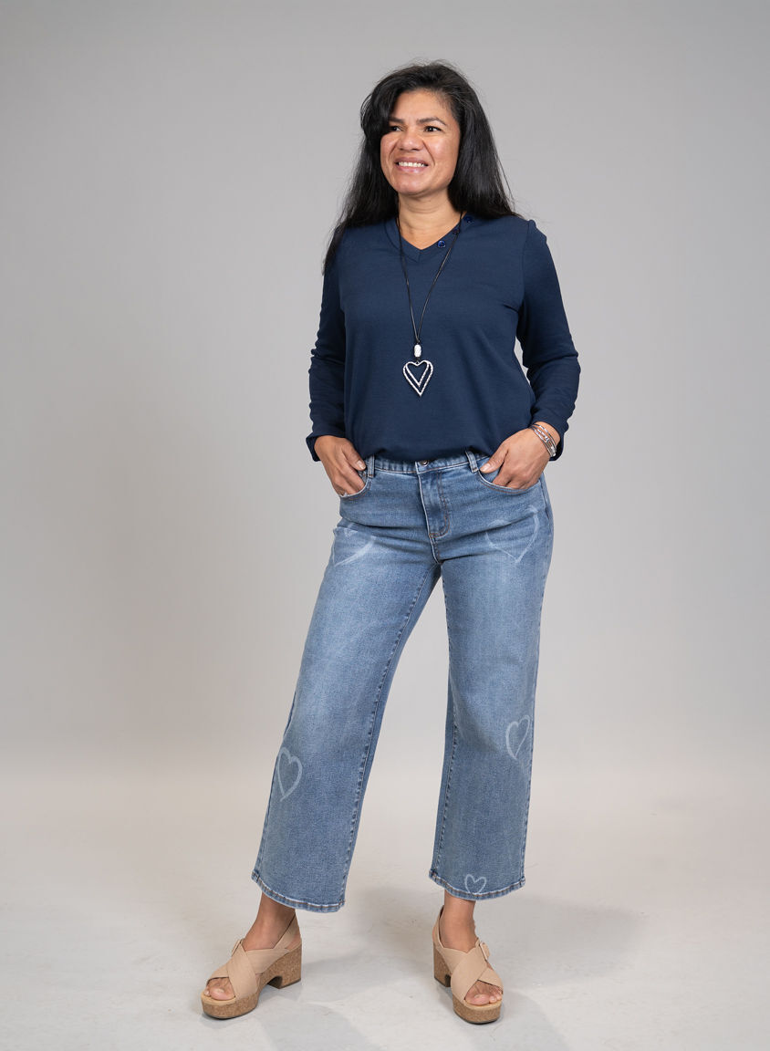 Long Sleeve V-Neck Top with Button Accents