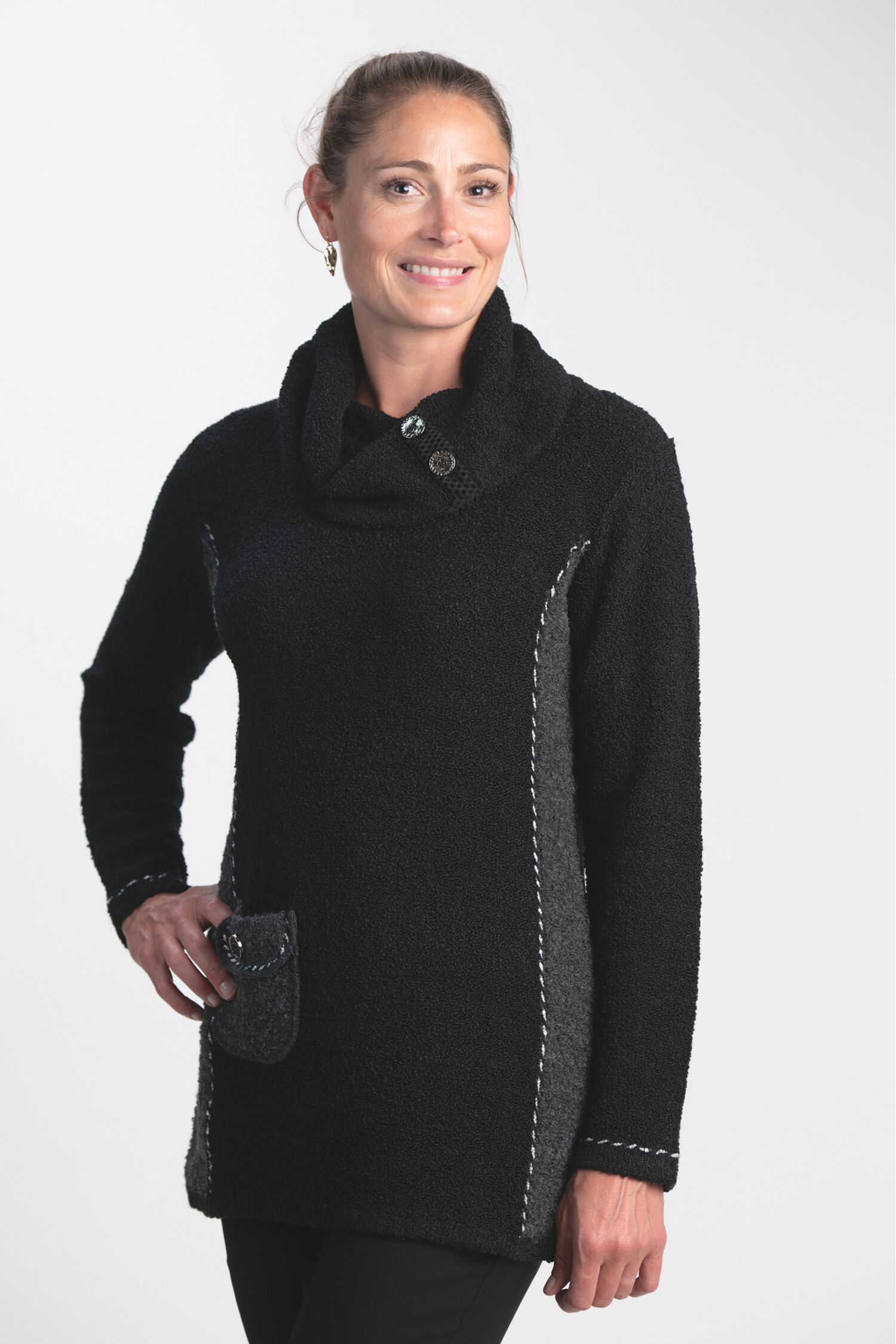 Cowl Neck Boucle Sweater w/ Stitch Detail  Image 1