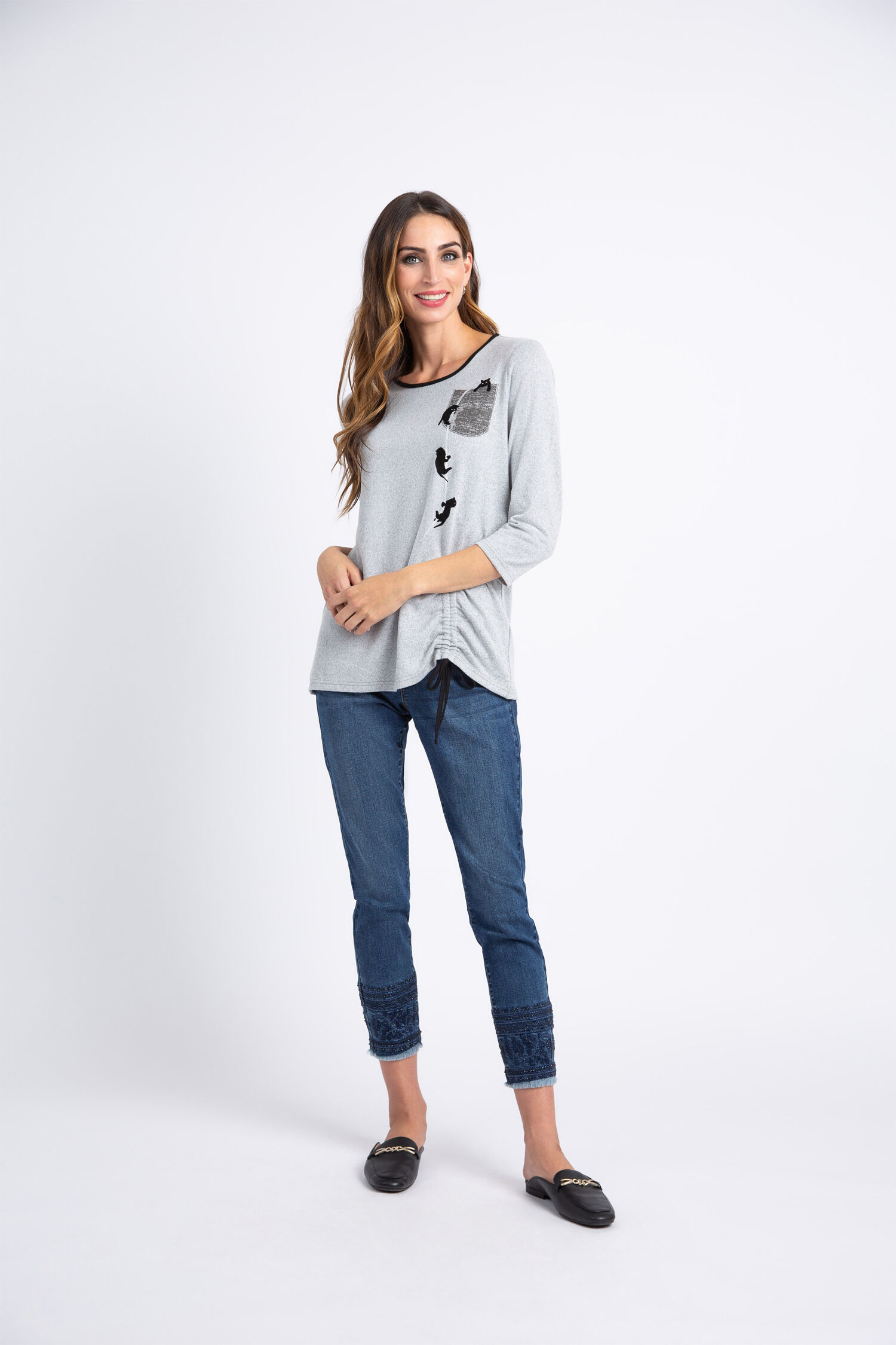 &frac34; Sleeve Drawstring w/ Cats Top  Image 1