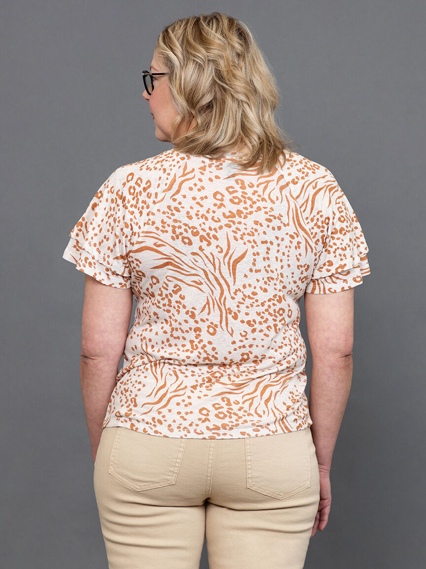 Linen-Blend Ruffle-Sleeve Crew Neck Top  Image 4