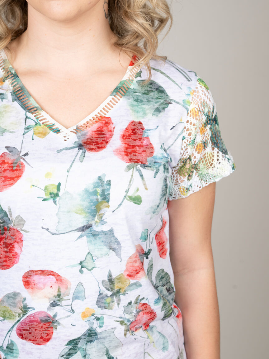 Strawberry Print Lace Sleeve V-Neck Top