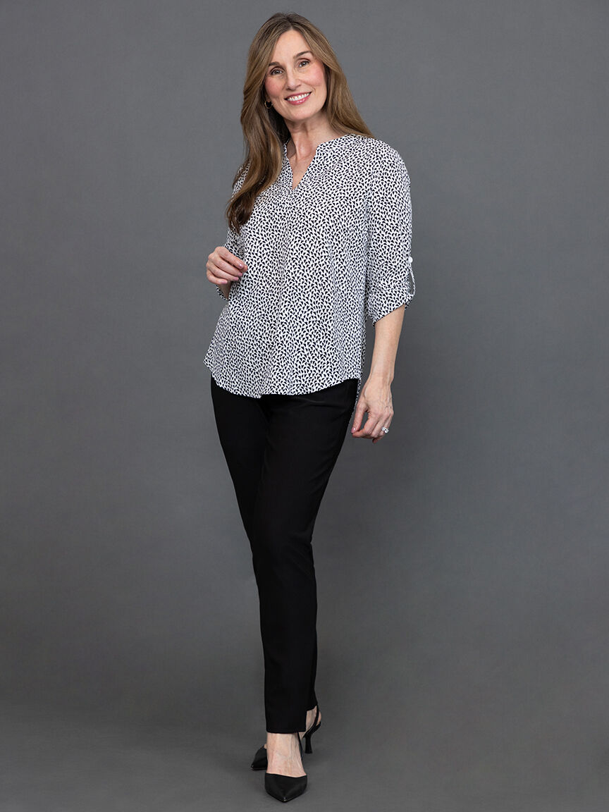 Heart Print &frac34; Sleeve Roll Tab Blouse Image 1