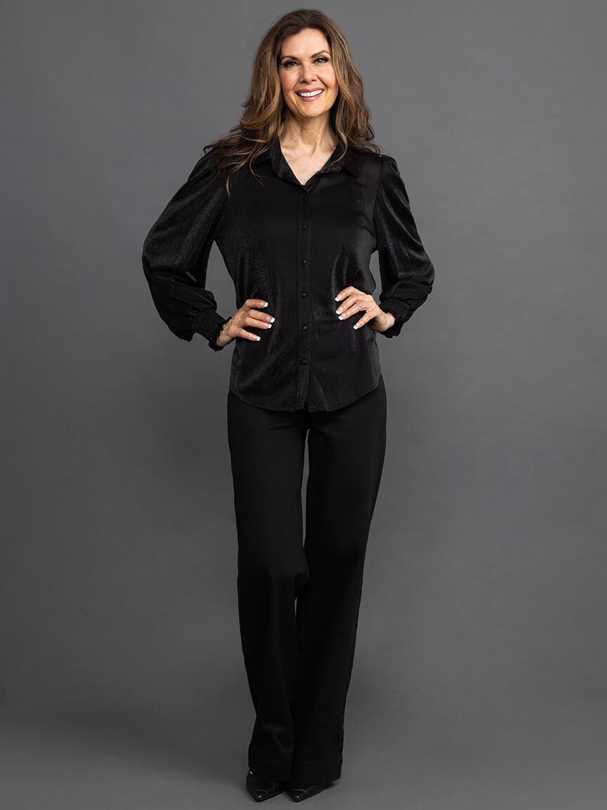 Lurex Long Sleeve Blouse w/ Smocked Cuff Image 1