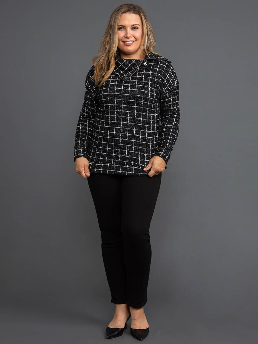 Shiny Thread Split Neck Top with Zippered Collar Image 1