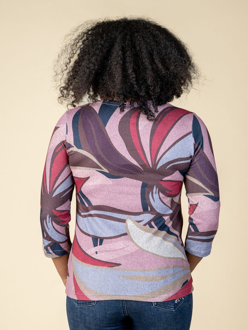 3/4 Sleeve Abstract Print Top with Hotfix
