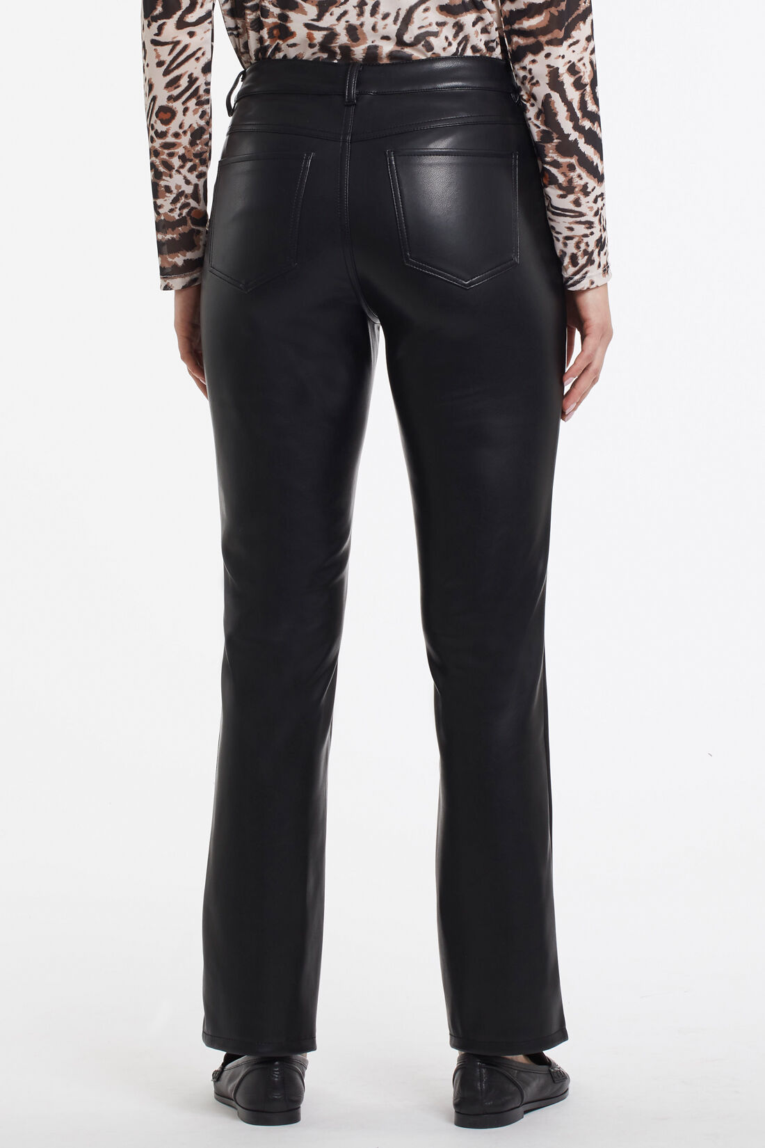 Straight Fit Mid-Rise 5 Pocket Black Vegan  Leather Pants Image 3
