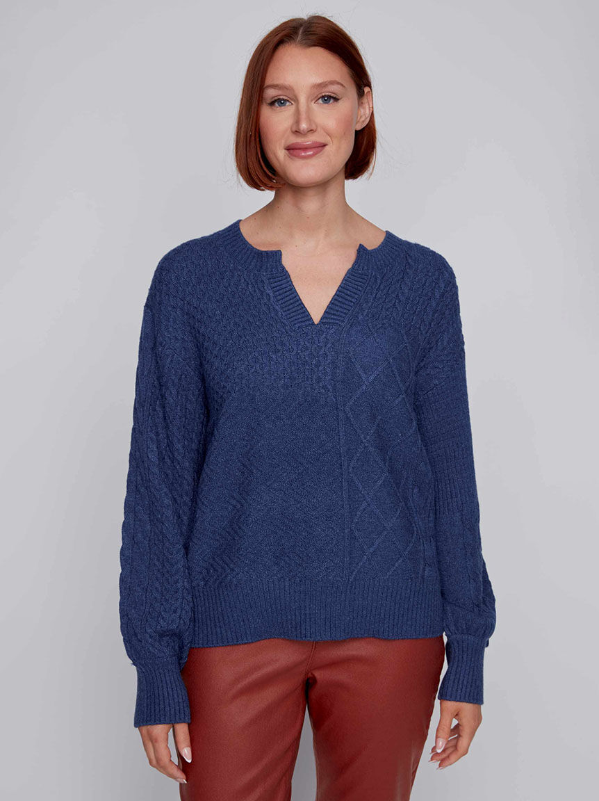 Cable Knit V-Neck Sweater w/ Balloon Sleeves Image 1