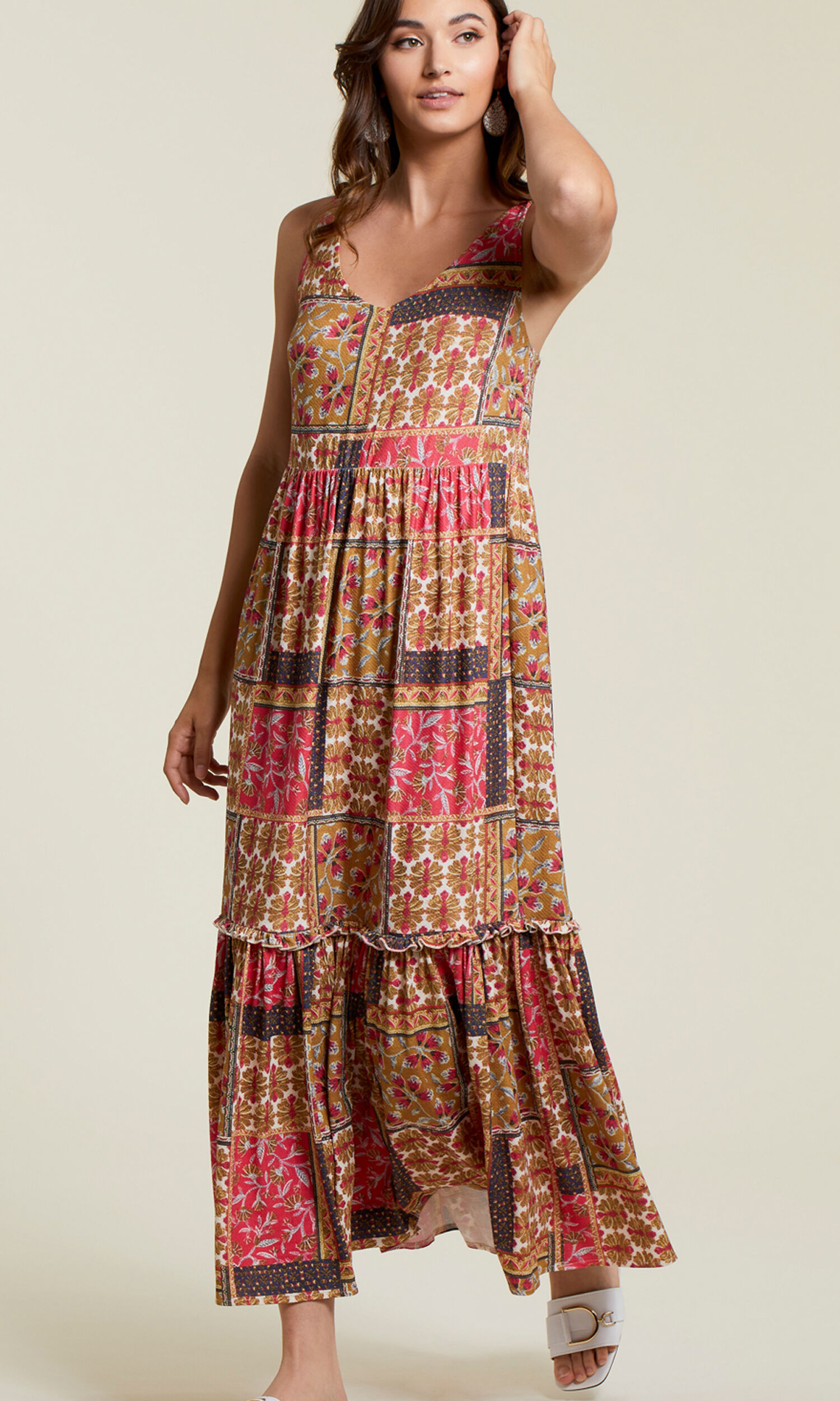 Tiered Patchwork Print Maxi Dress Image 2
