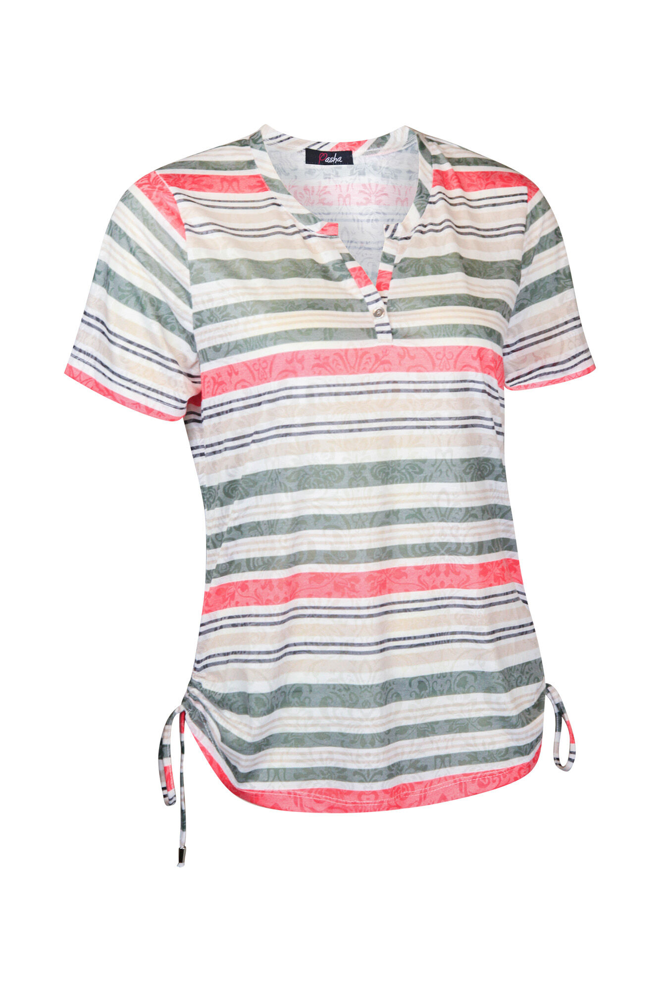 Striped Burnout T-shirt with Side Ruche Drawstrings Image 1
