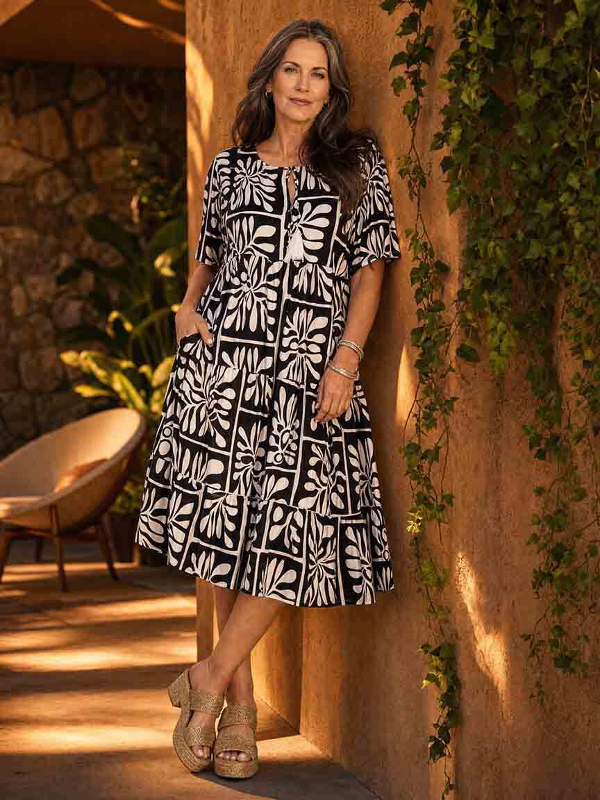 Short Sleeve Knee Dress With Neck Tie