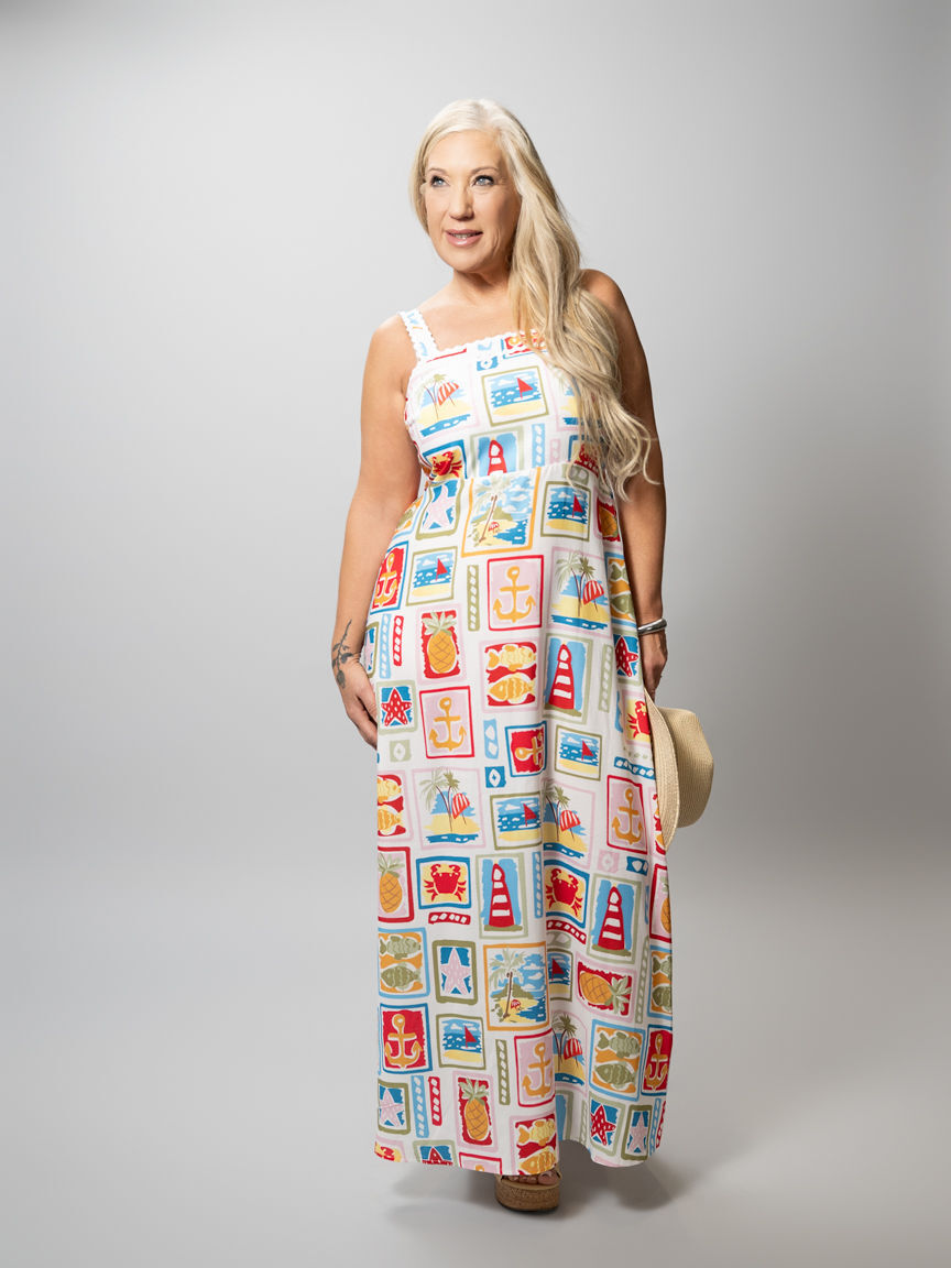 Square-Neck Rickrack Trim Maxi Dress