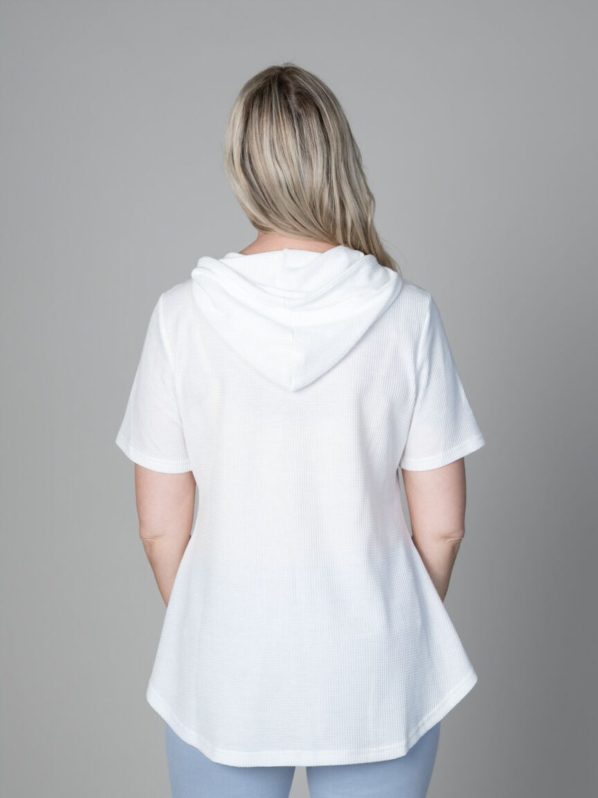 Short Sleeve Waffle Knit Tunic With Hood