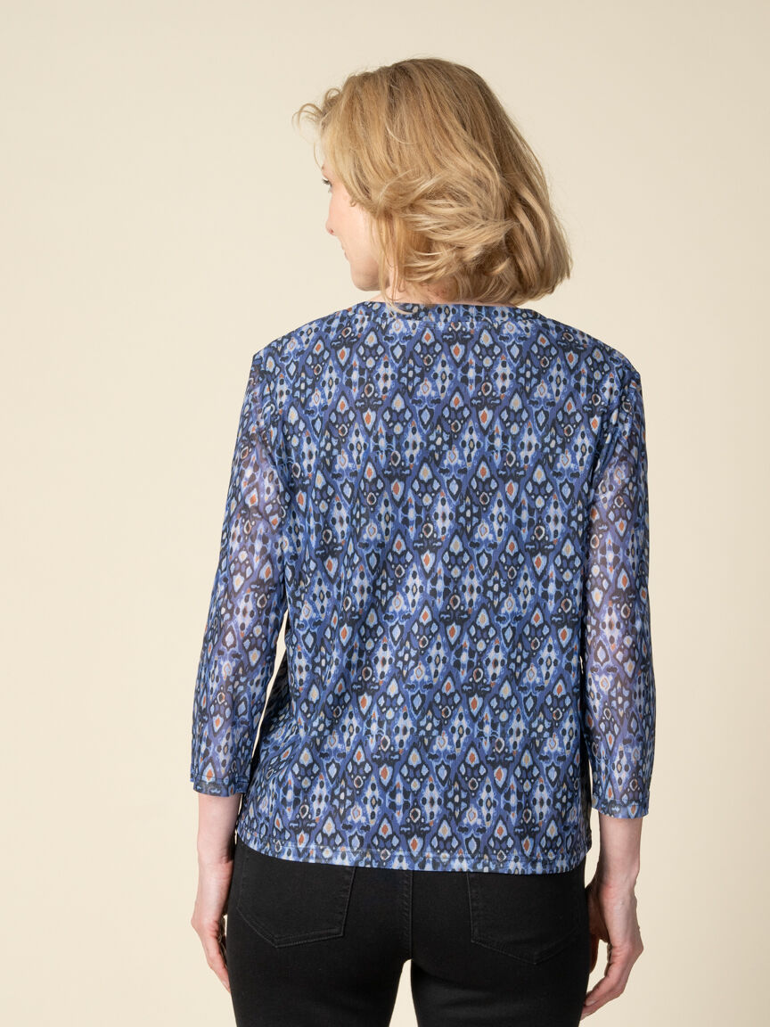 3/4 Sleeve Patterned Mesh Blouse
