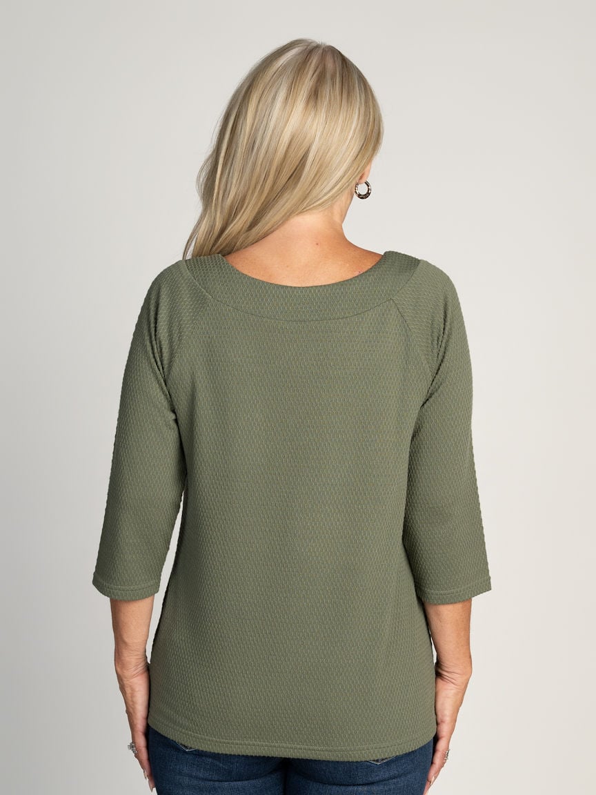 3/4 Sleeve Textured Knit top with round neckline and Silver ring Image 3