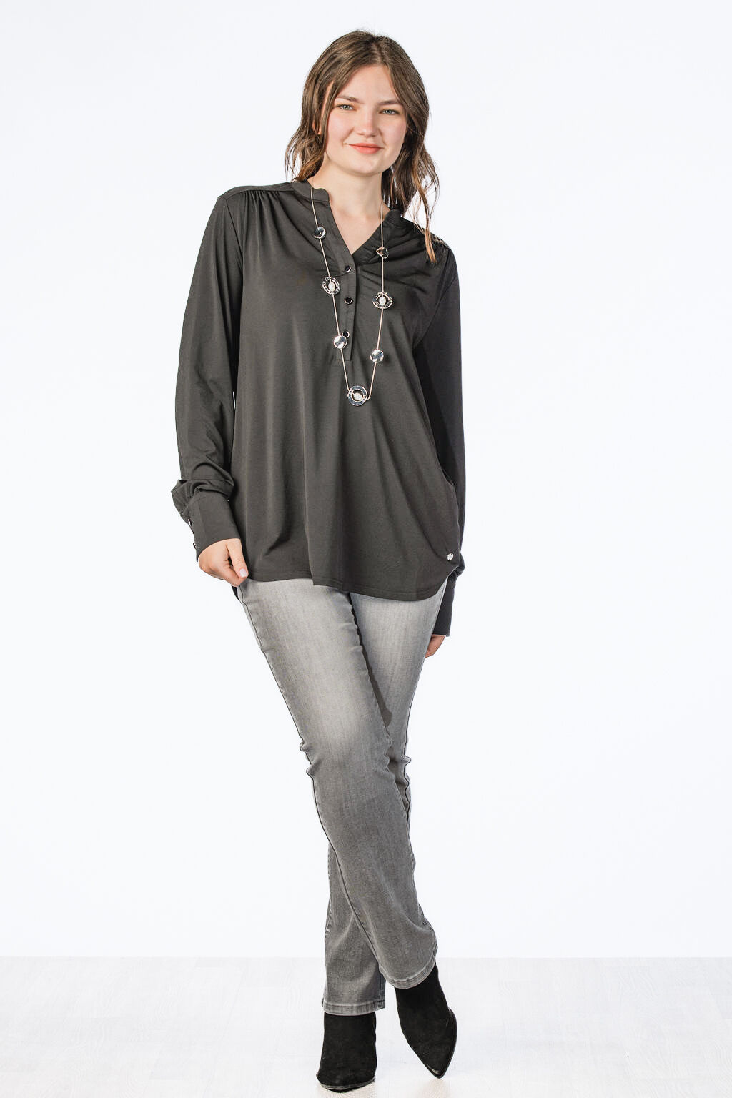 Silky, Smooth, Stretchy, Notch-Neck Silver Buttons Blouse Image 3