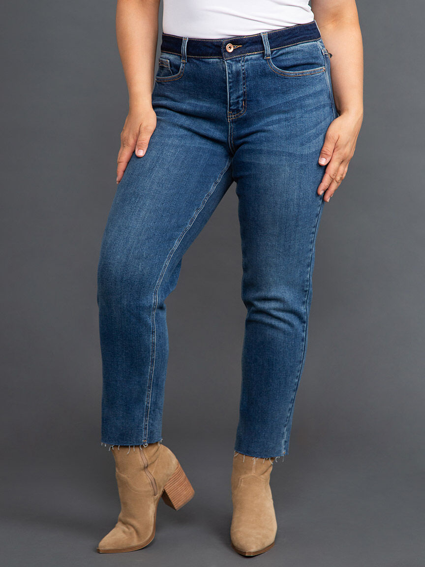 Audrey Girlfriend Straight Ankle Jeans w/ Contrast Waistband