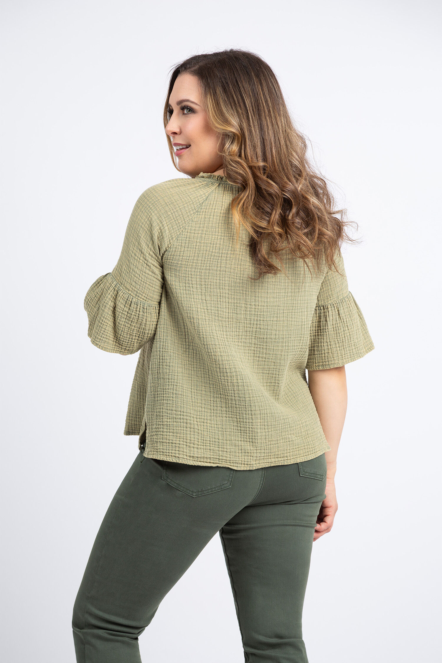 Elbow Sleeve Crinkle Gauze Raglan Top Image 4