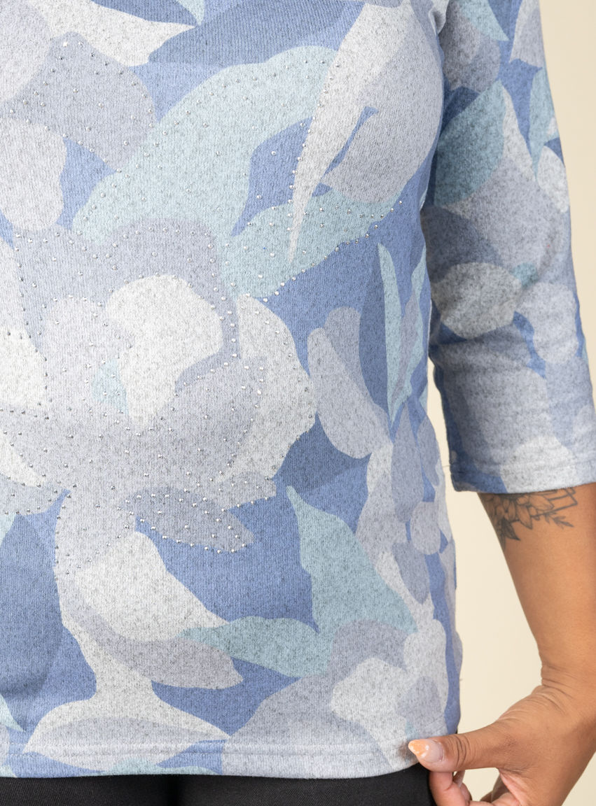 Floral Abstract 3/4 Sleeve Top With Hotfix