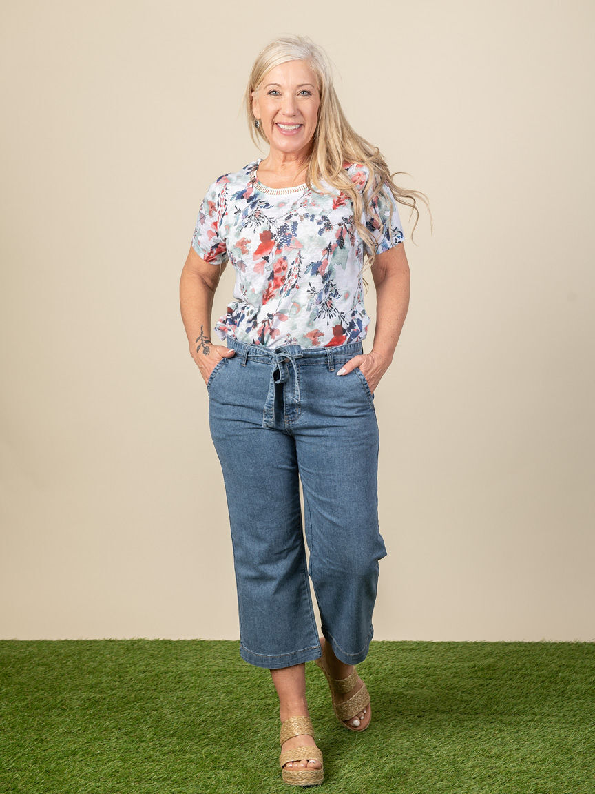 Short Sleeve Top with Ladder Stitch Neckline