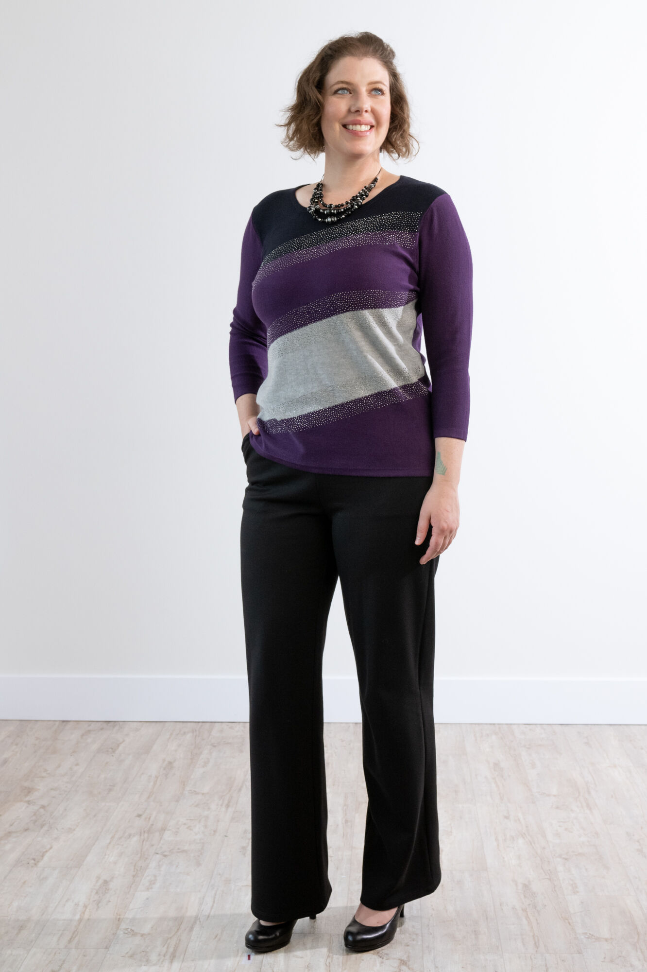 Silver Slanted Rhinestones Colorblock Sweater  Image 1