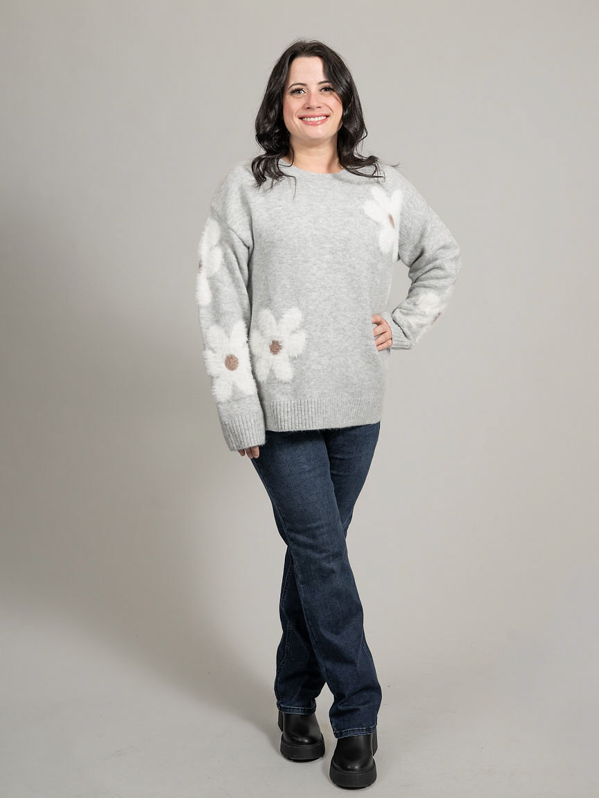 Long Sleeve Knit Sweater With Fluffy Flower Appliqu&eacute;