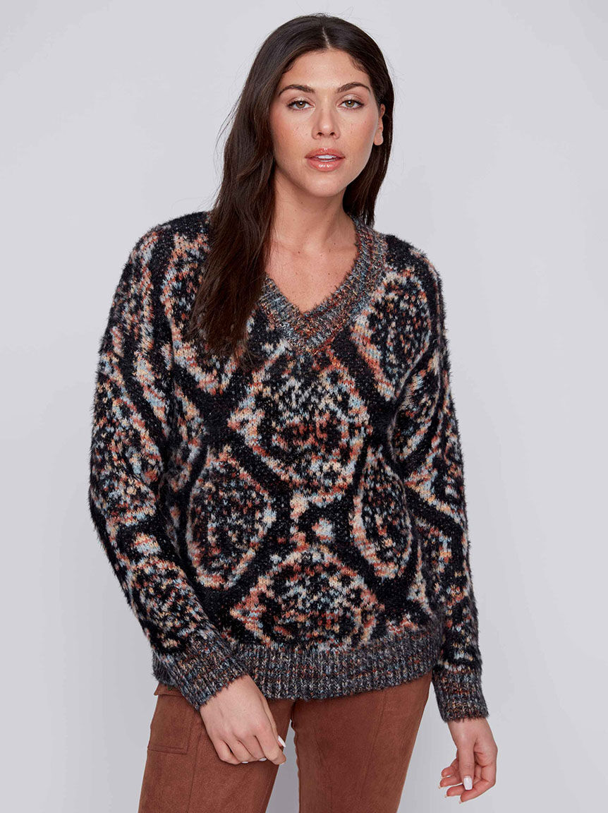 V-Neck Eyelash Knit Sweater Image 1