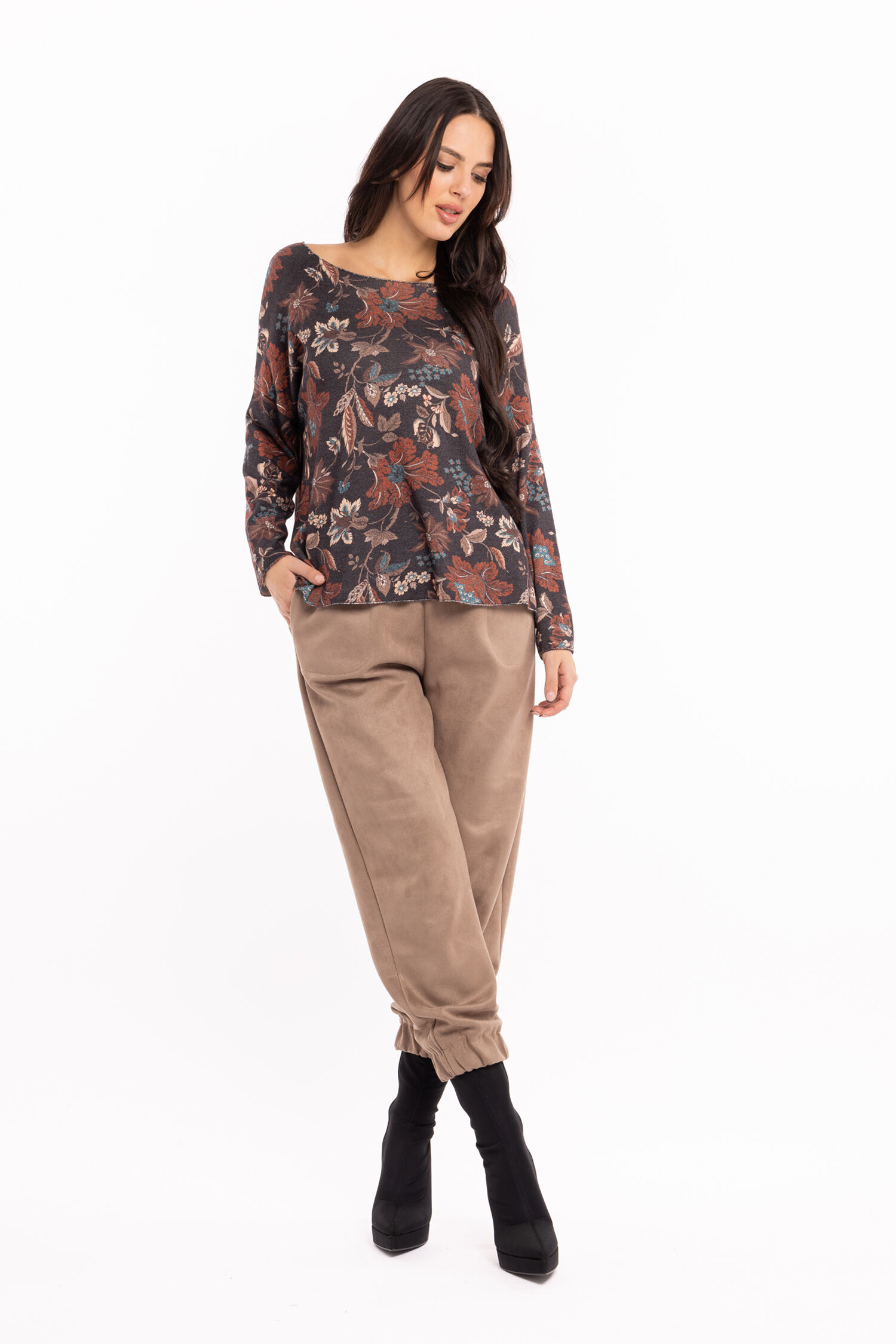Long Sleeve Printed Top w/ Lurex Trim  Image 1