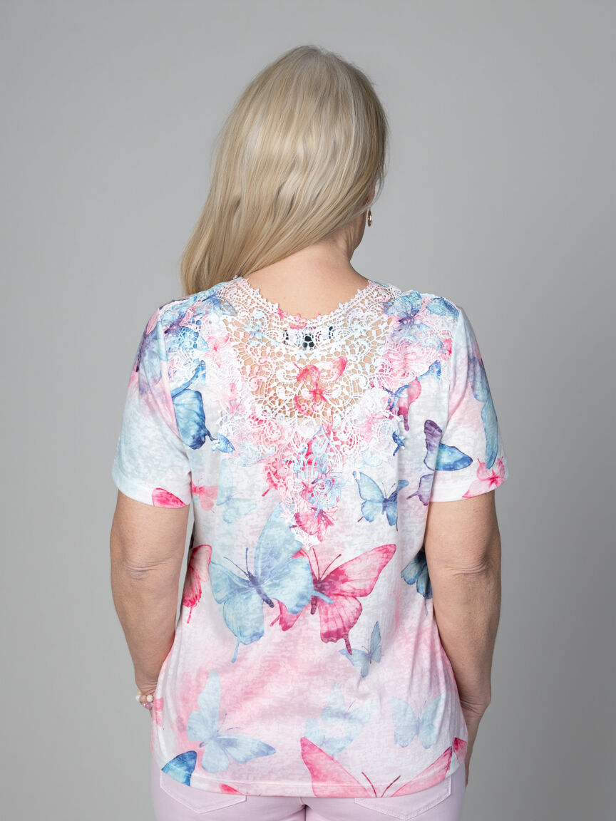 Butterfly Print Short Sleeve Top With Lace Back