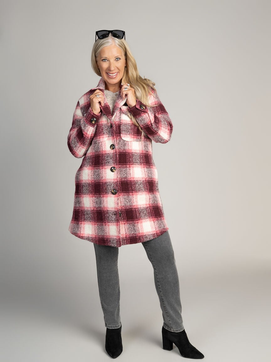 Knit Plaid Notch Collar Shacket Image 6