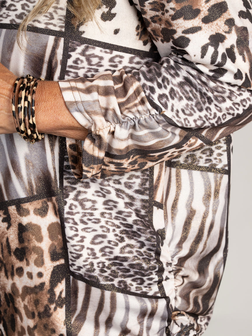 3/4 Sleeve Animal Print Top with Beaded Neckline
