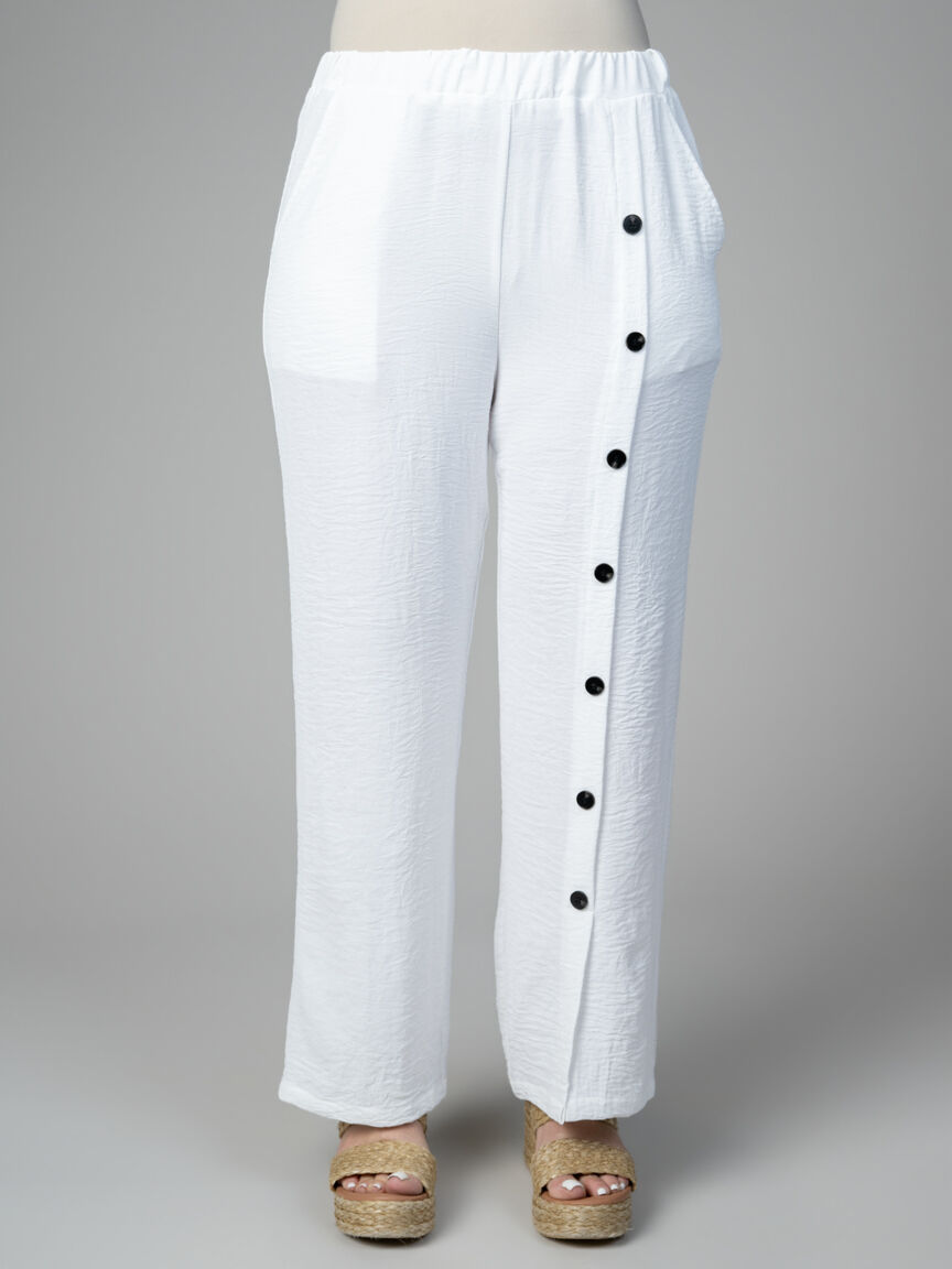 Crinkle Pull-On Pant With Button Detail