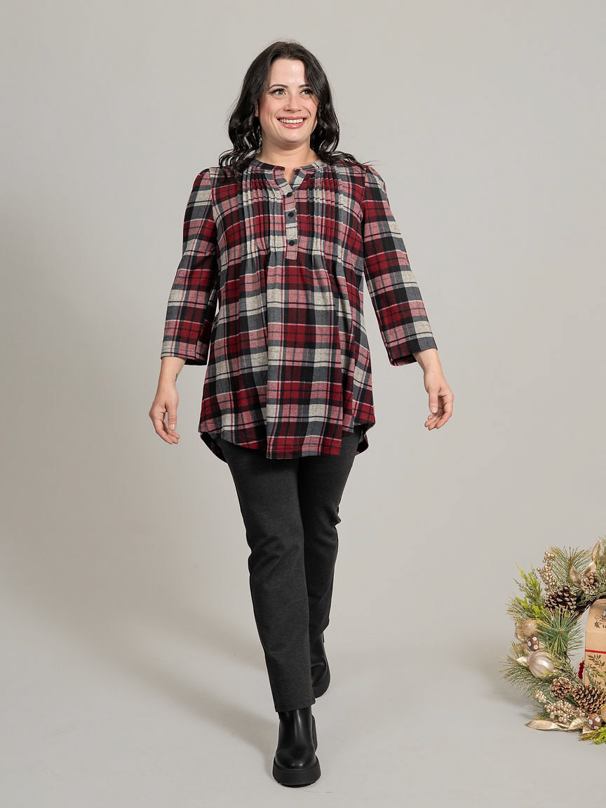 &frac34; Sleeve Plaid Blouse