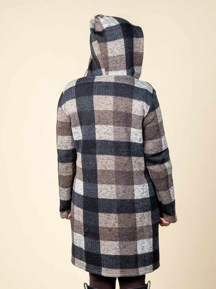 Long Plaid Zipper Cardigan With Hood And Pockets