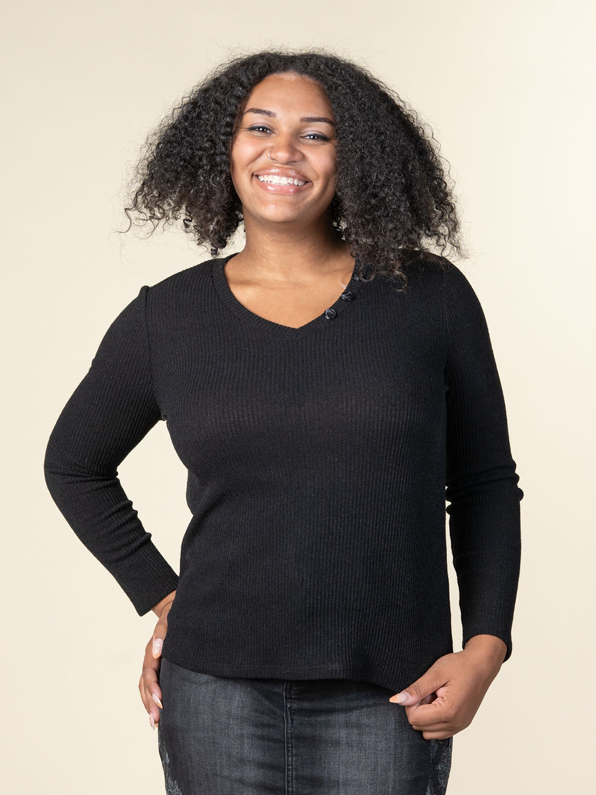 Long Sleeve V-Neck Waffle Knit Sweater  Image 1
