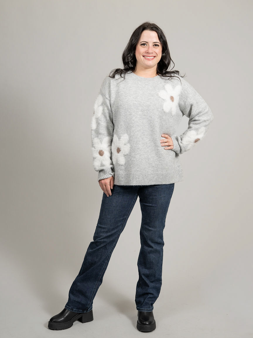 Long Sleeve Knit Sweater With Fluffy Flower Appliqu&eacute;