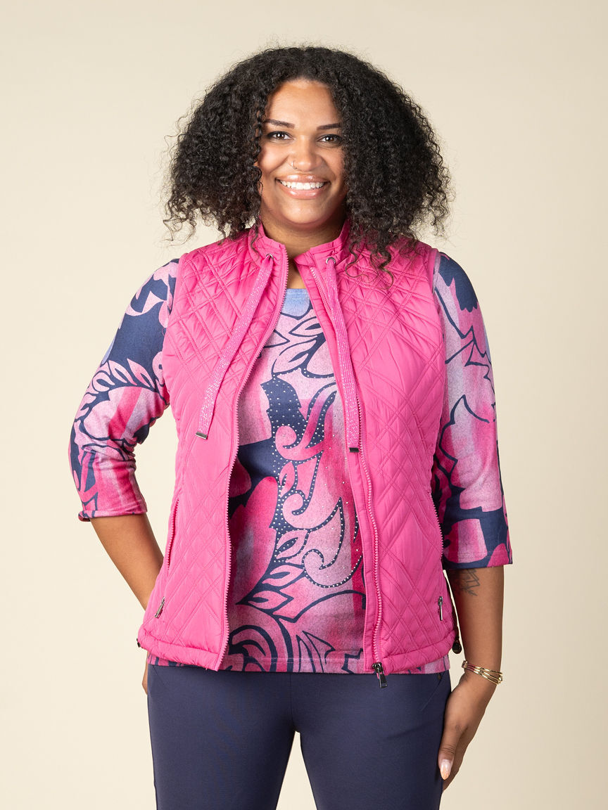 Diamond Print Zip Up Vest With Pockets