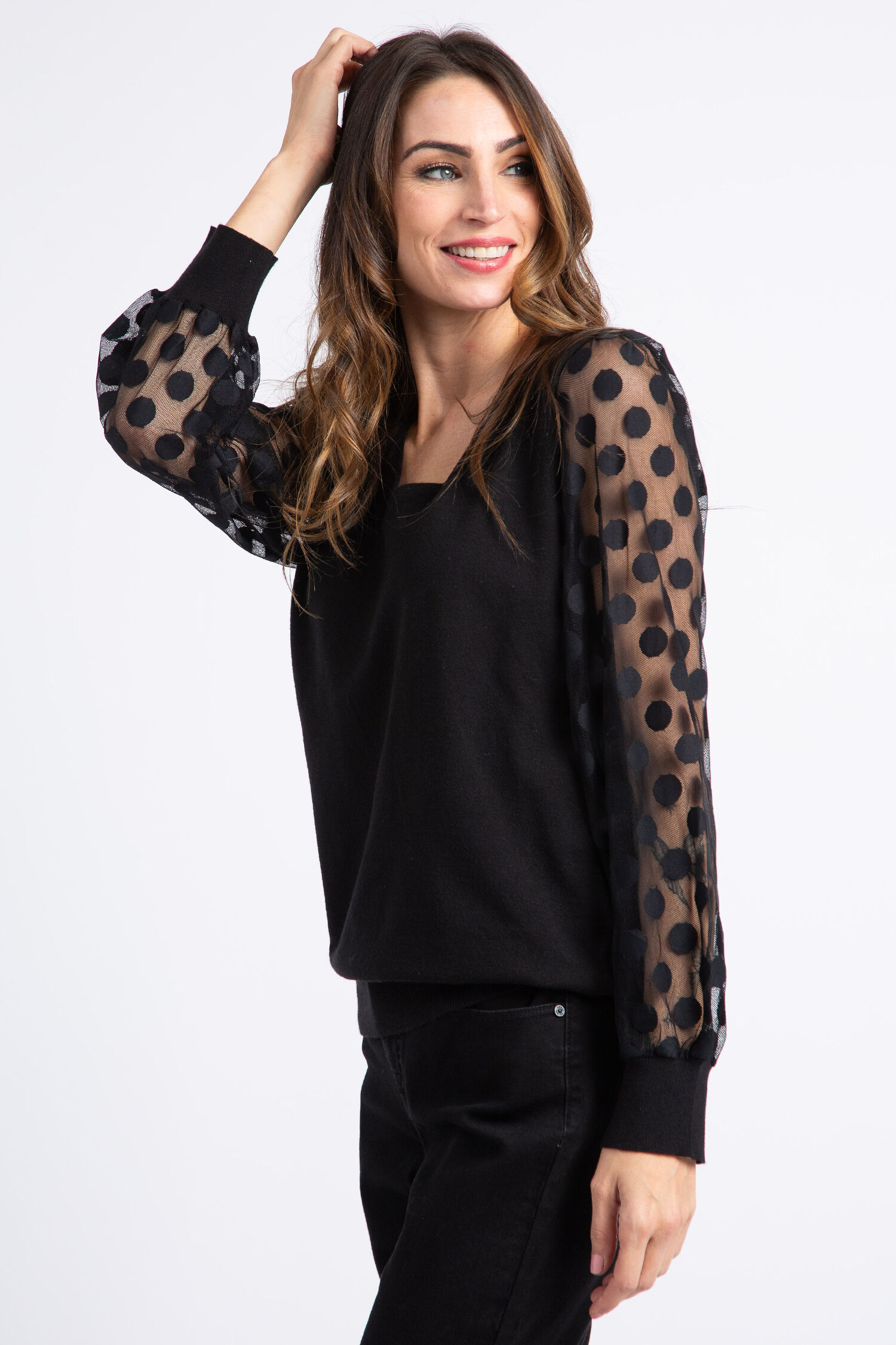 Black V-Neck Sweater w/ Sheer Polka Dot Sleeves Image 2