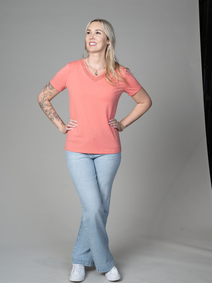 Short Sleeve V-Neck Top With Crochet Detail Image 5