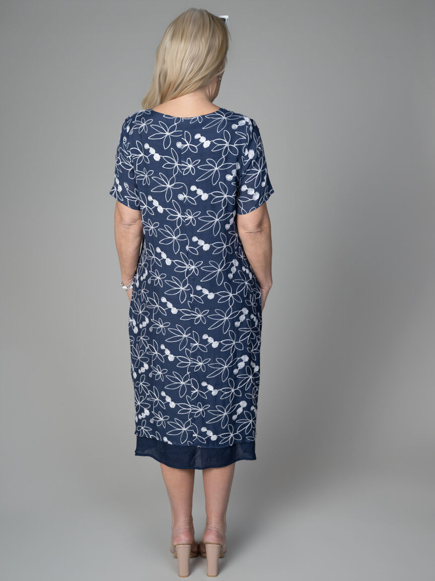 Embroidered Floral Midi Dress with Layered Hem