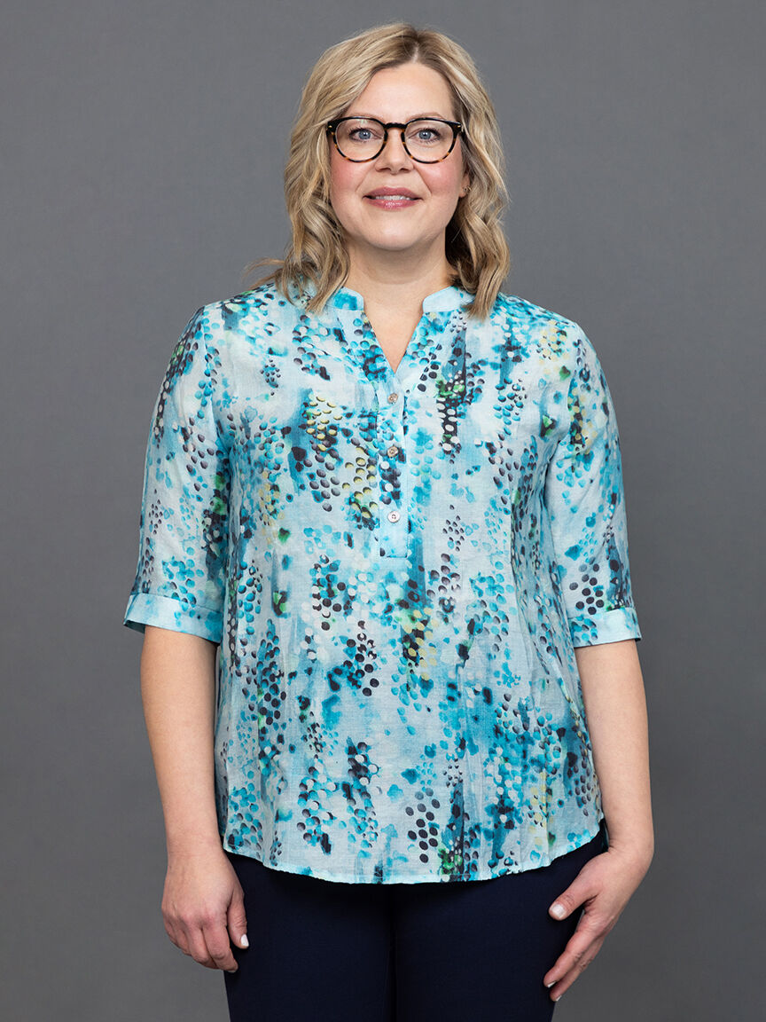 &frac34; sleeve button down turquoise patterned blouse Image 2