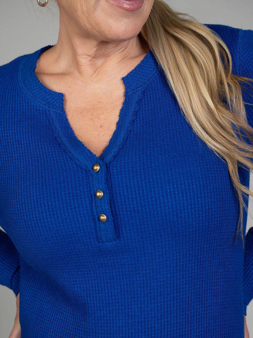 Long Sleeve Waffle Knit Henley Top Image 2