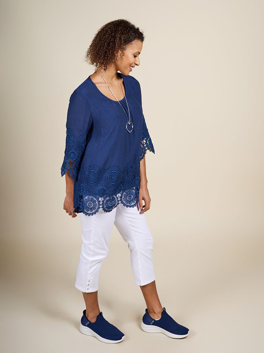 &frac34; Sleeve Blouse with Crochet Detail  Image 3