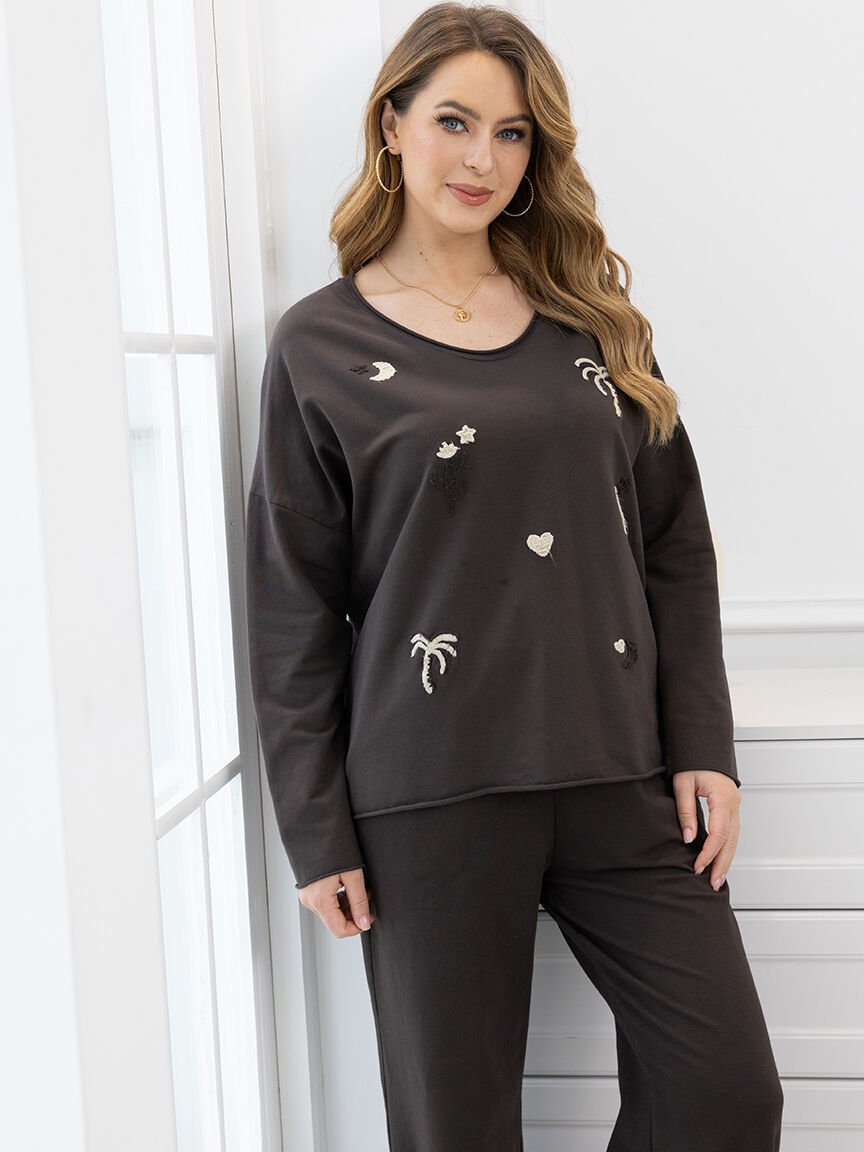 Long Sleeve Palm Tree Print Sweater