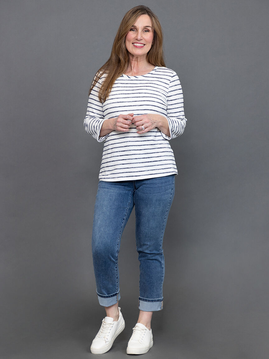 &frac34; Sleeve Rolled Cuff Striped Top  Image 1