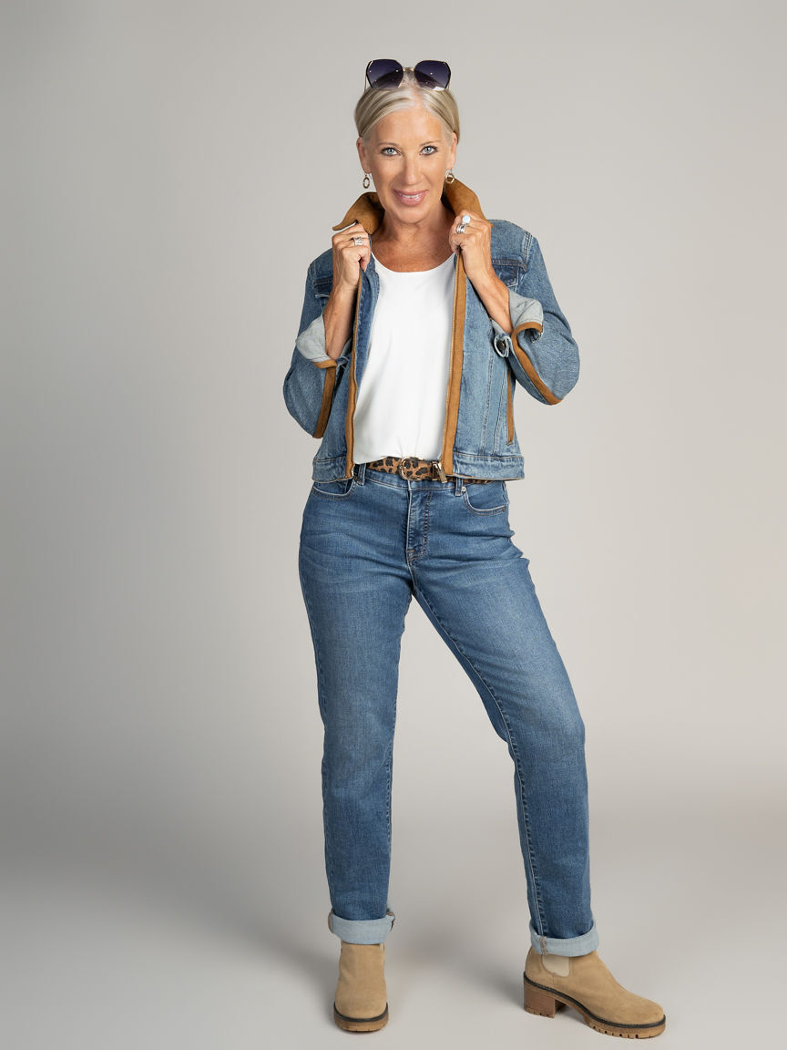 Denim Zip-Up Jacket With Suede Trim