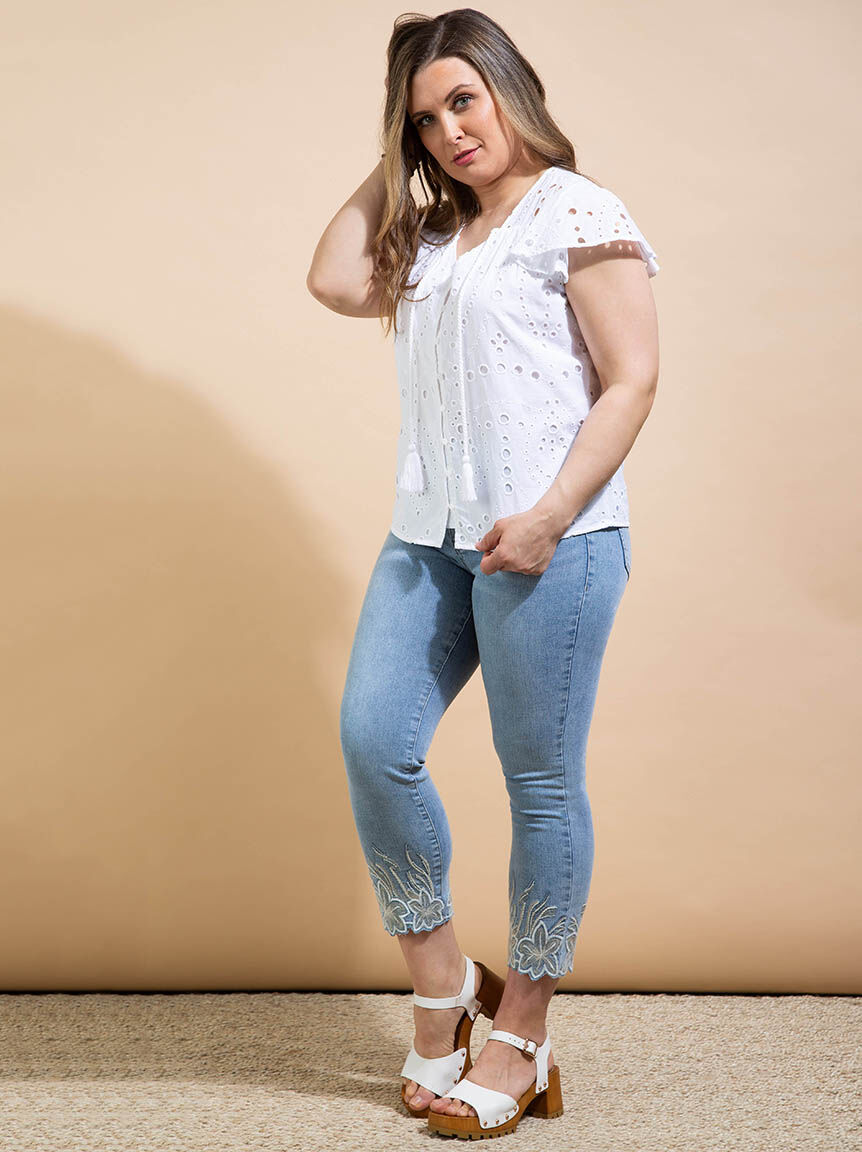 Cap Sleeve Blouse w/ Eyelet Embroidery Image 1