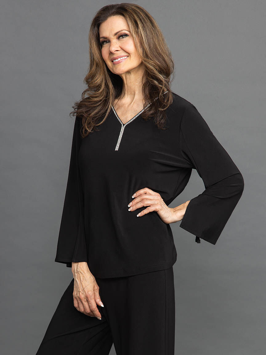 &frac34; Sleeve Top with Bling Neckline Image 2