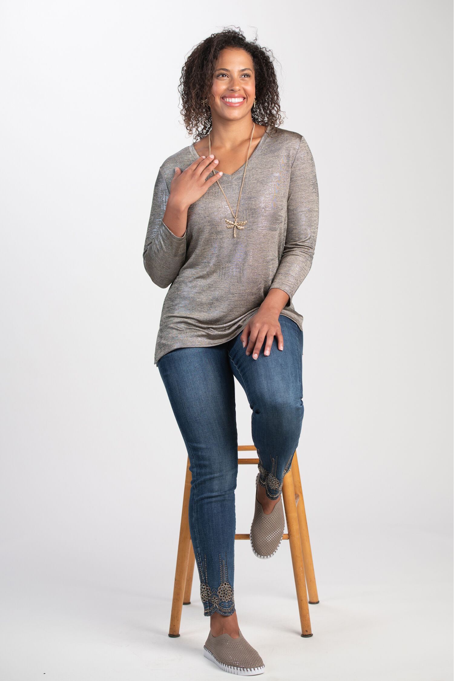 &frac34; Sleeve V-Neck Top w/ Lurex  Image 3