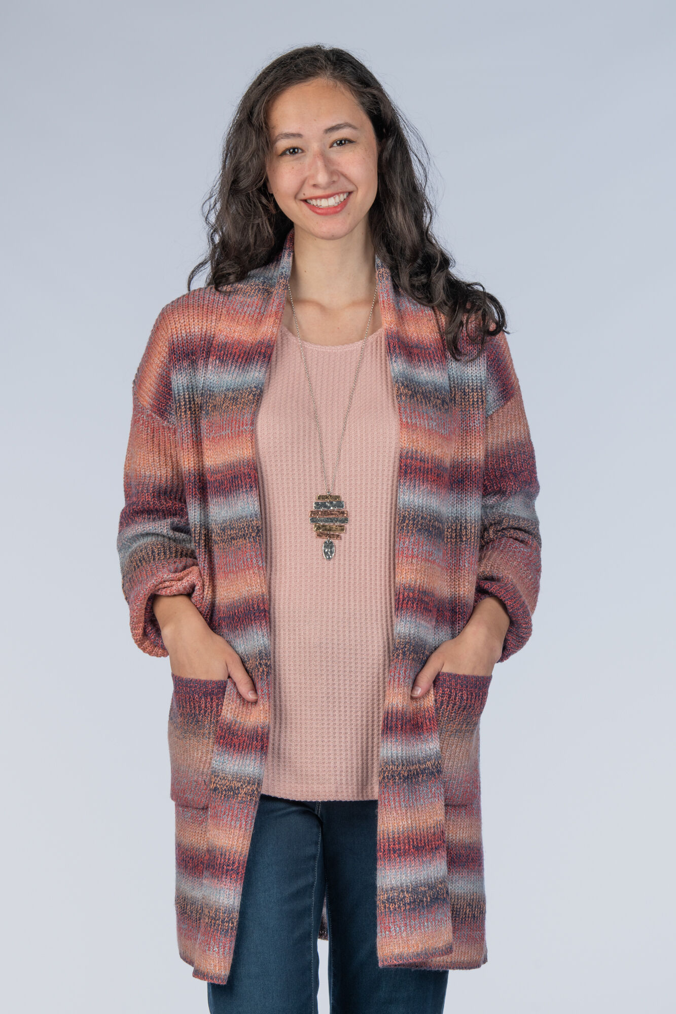 Multi-Colored Rainbow Stripes Two Pockets Open-Drape Cardigan Image 1
