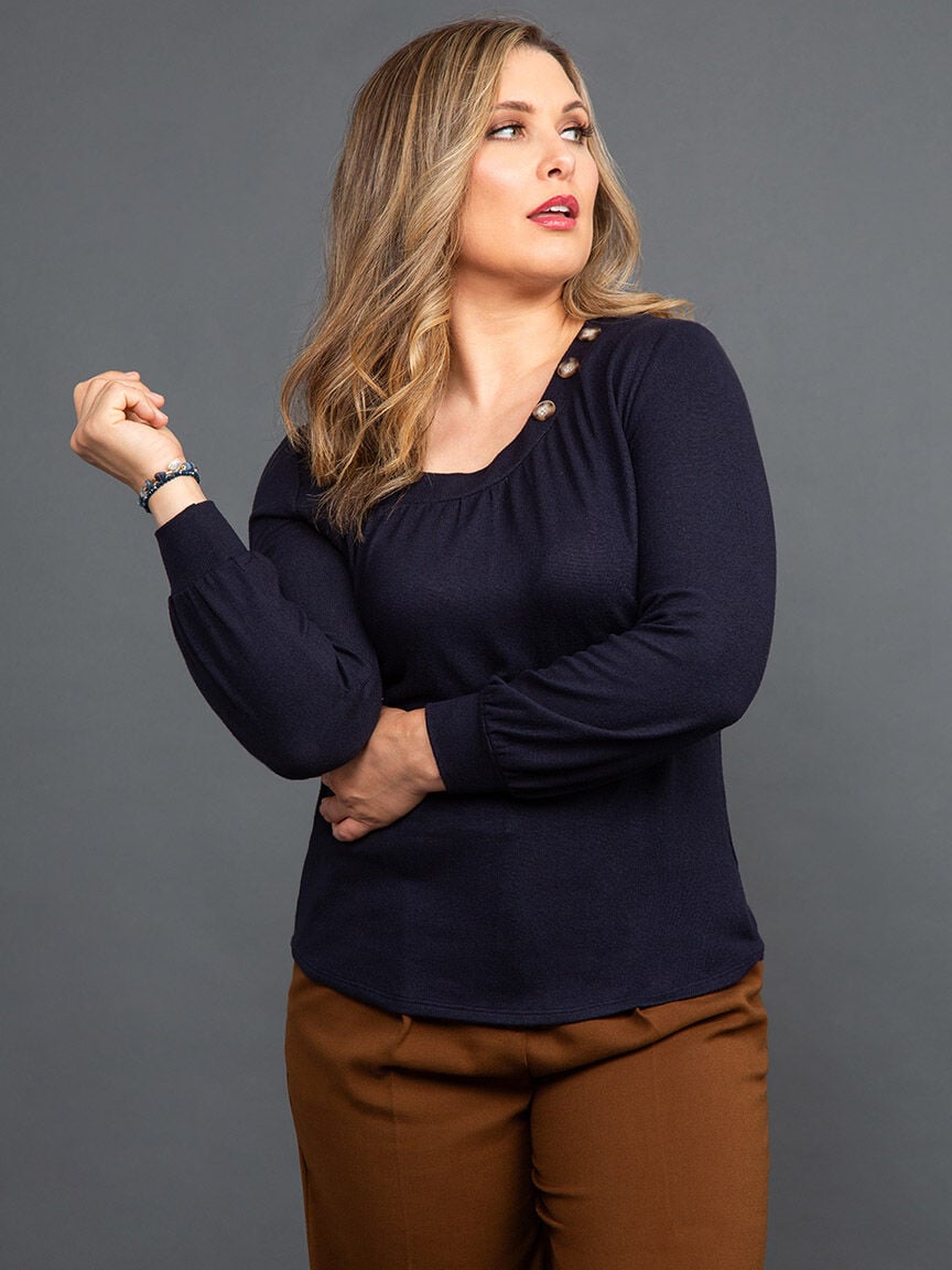 Balloon Sleeve Knit Top w/ Asymmetrical Neckline Image 2